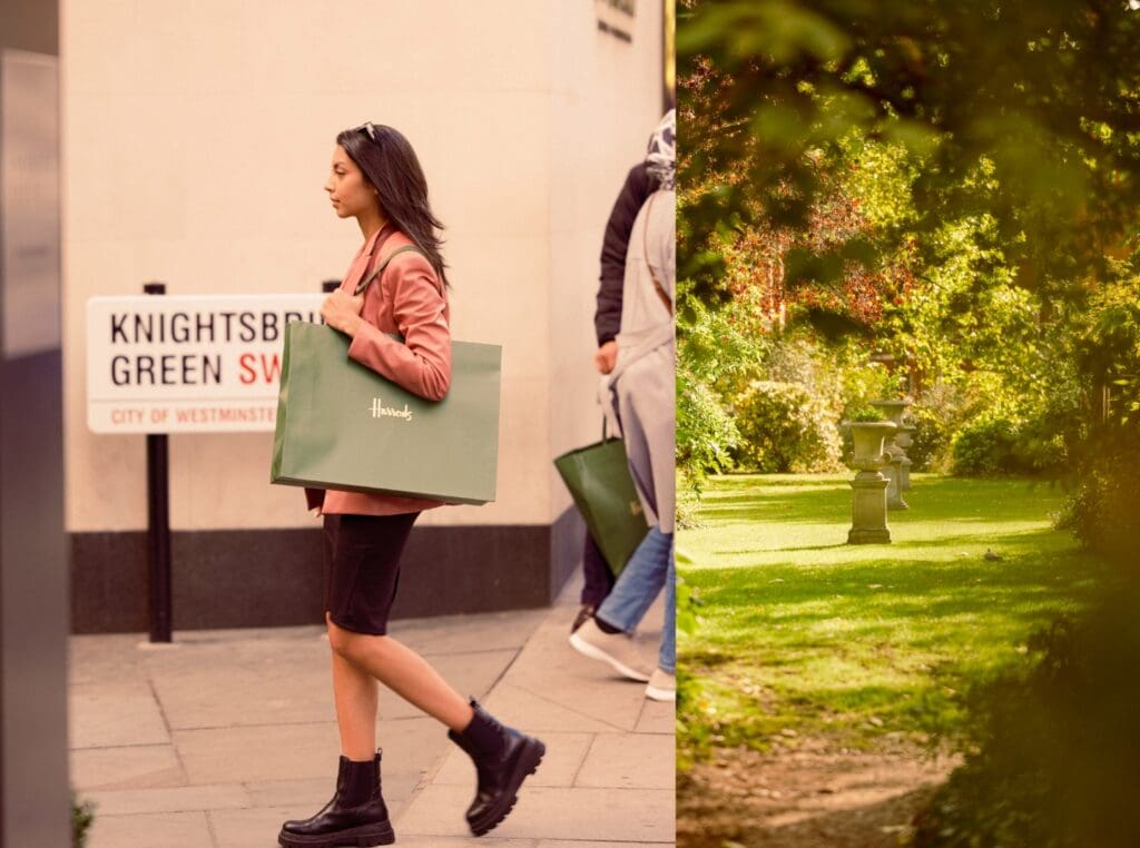 Two images in one. The first shows a lady walking with a Harrods shopping bag and sign in the background saying "Knightsbridge Green". The other image shows a large open garden with statue in the centre.