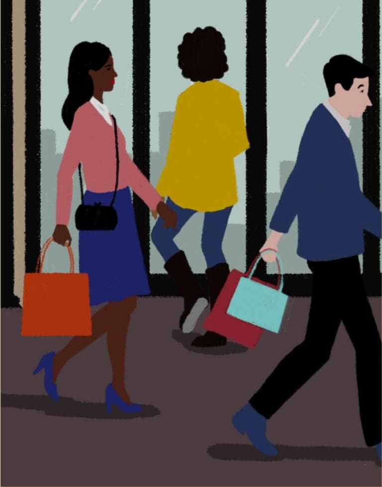 An illustration of people walking down a high street with shopping bags.
