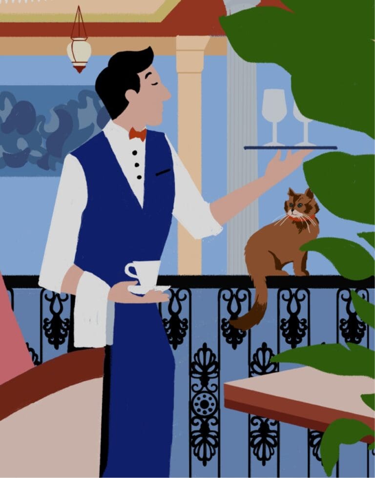 An illustration of a well dressed waiter holding up wine glasses. A cat sits on the metal fencing behind him.