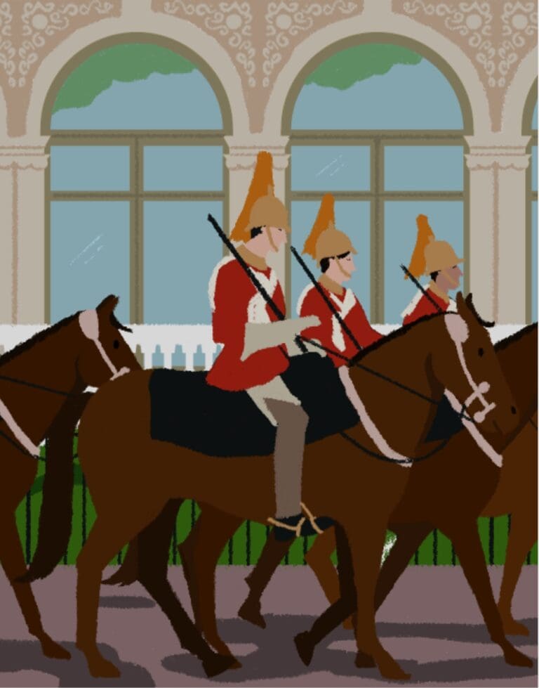 An illustration of soldiers ride horses along a road. Behind them stands an ornate building with large curved windows.
