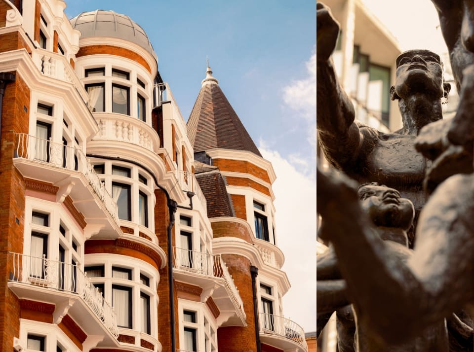 Two images side by side. One of a ornate housing block with red bricks. The other of a post modern stature of a man and a child.