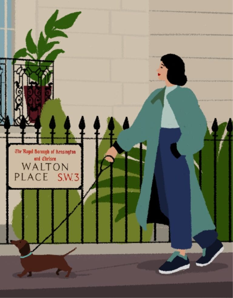 An illustration of a lady walking her dog along the pavement. A road sign says "Walton Place, SW3".
