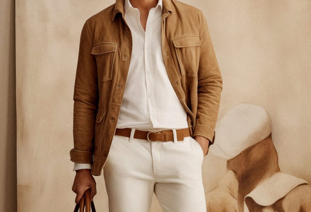 Adamo suede jacket worn by model