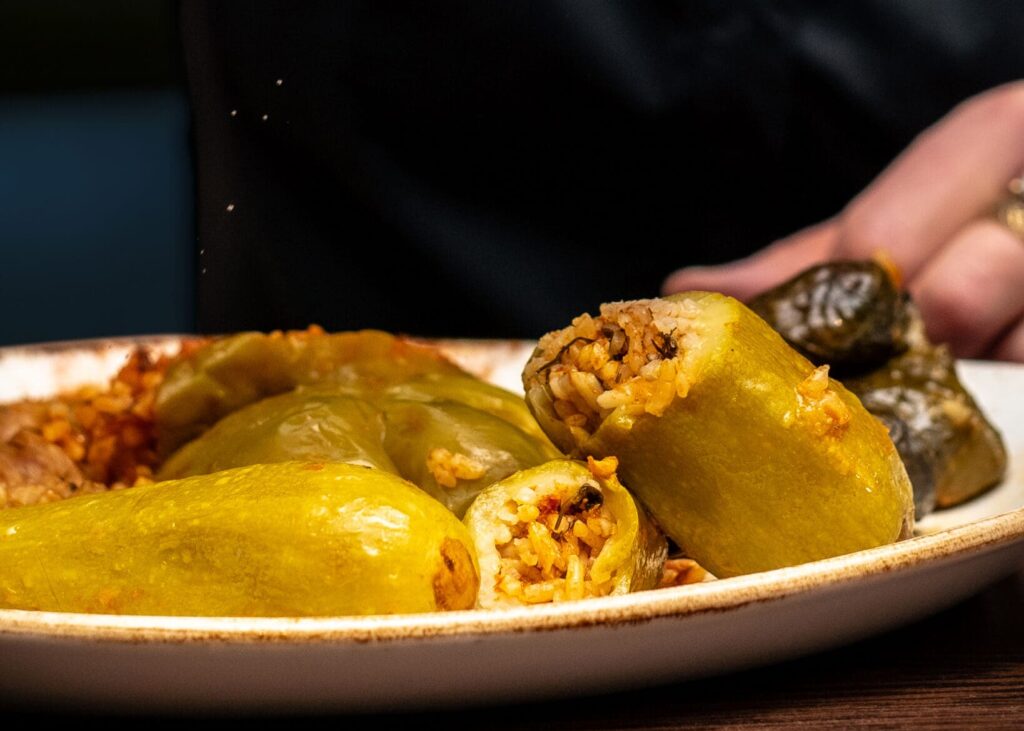 A plate of mixed stuffed vegetables at Middle Eastern restaurant Al Basha, Knightsbridge
